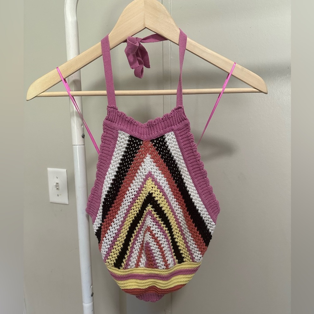 Pink Black Yellow White Knit Halter Top Crop Top size small